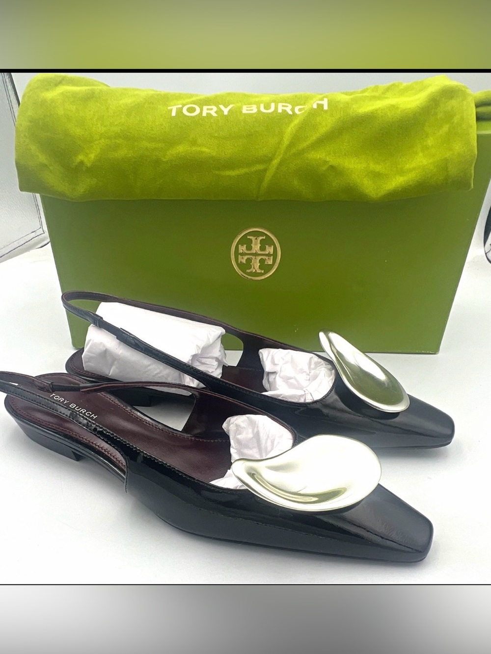 TORY BURCH Patos Leather Slingback Flats Pointed Toe Logo Women’s 7M NEW w/Box - Picture 2 of 16